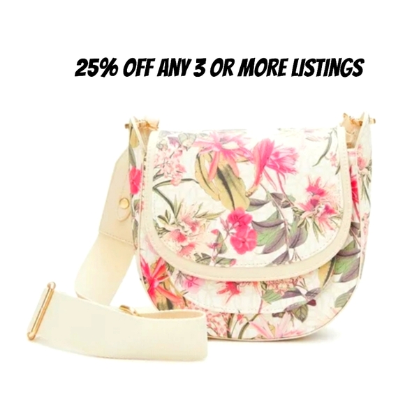 Floral Crossbody Saddle Bag Cream Pink Purse Flap Flower Boho Praire Cottage - Picture 1 of 16
